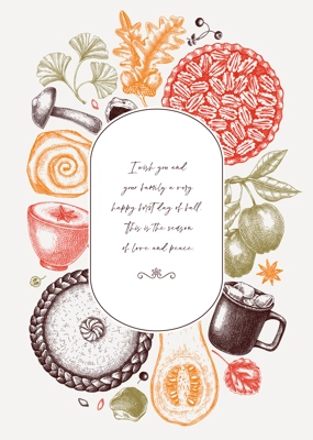 Autumn wreath design template. Hand-drawn vector illustration. Pumpkin, hot drink, fruit, pie, vegetables, pastry, fall leaves sketches. Harvest banner n color. Thanksgiving background